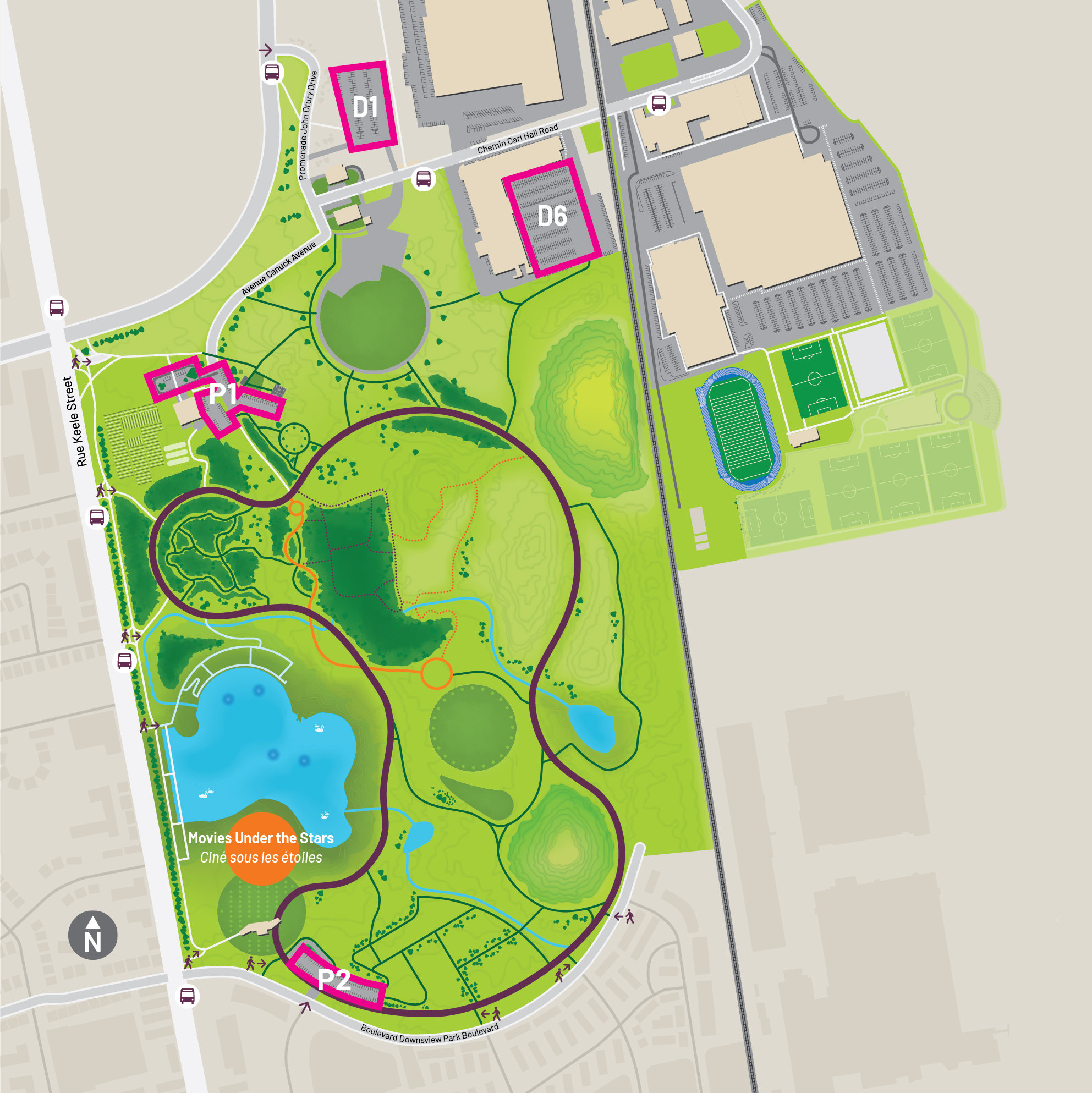 A map highlighting Movies Under the Stars 2022 and four parking lots.