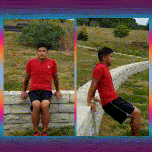 A man doing tricep dips using limestone benches by the lake.