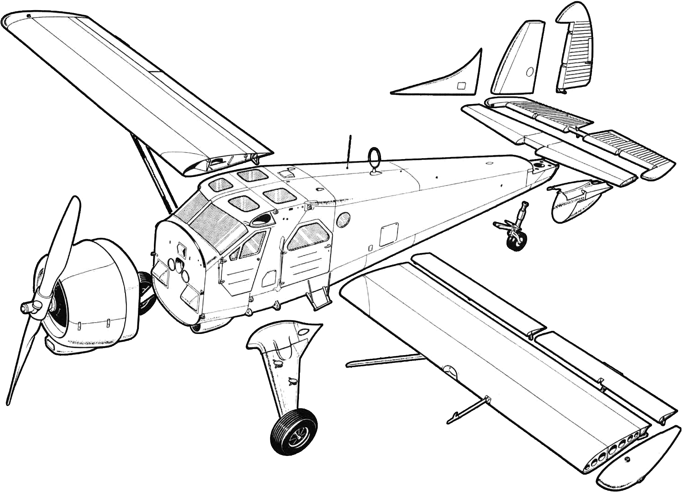 An exploded drawing of the de Havilland Beaver aircraft.