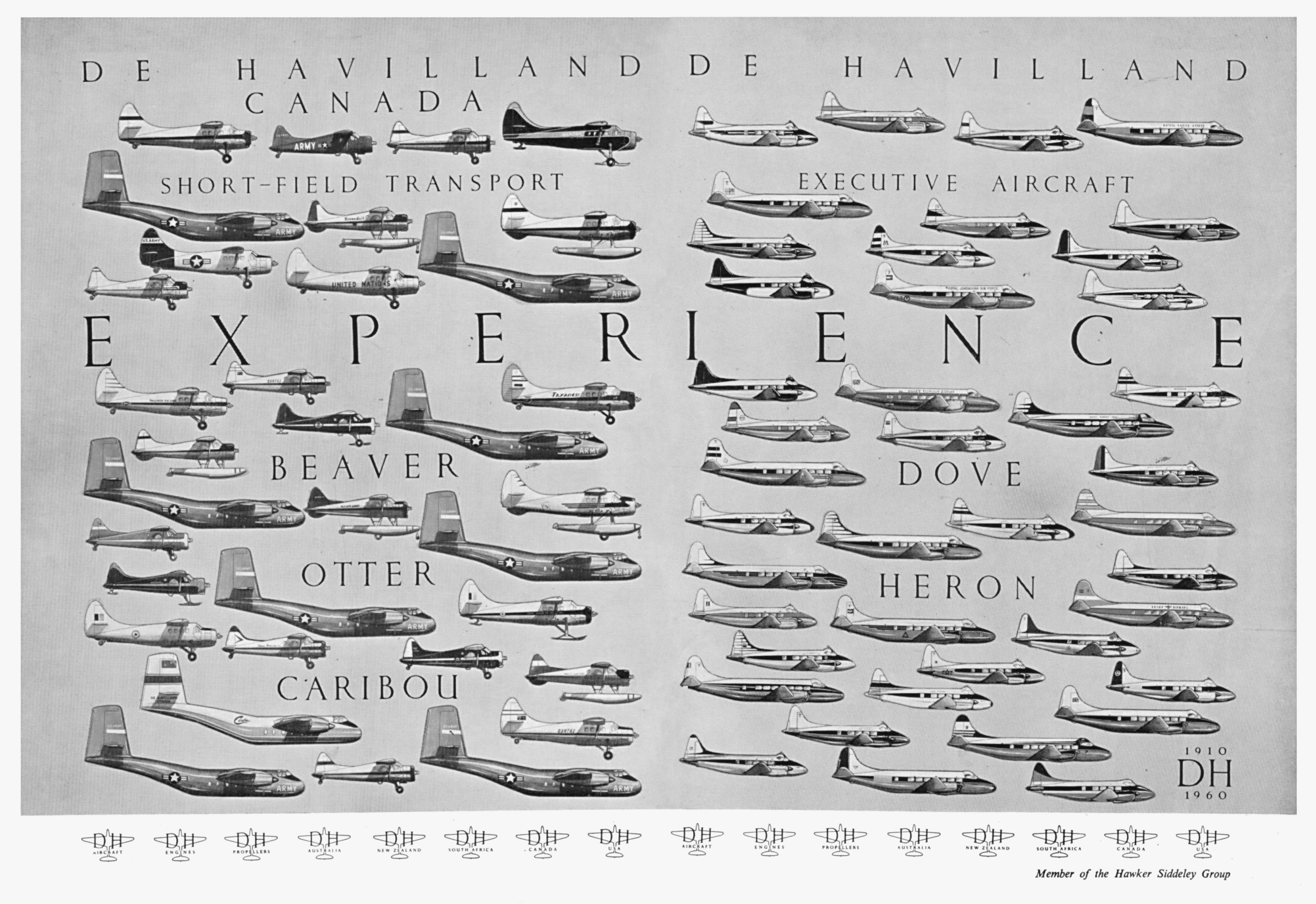 A black and white ad featuring drawings of various de Havilland aircrafts.
