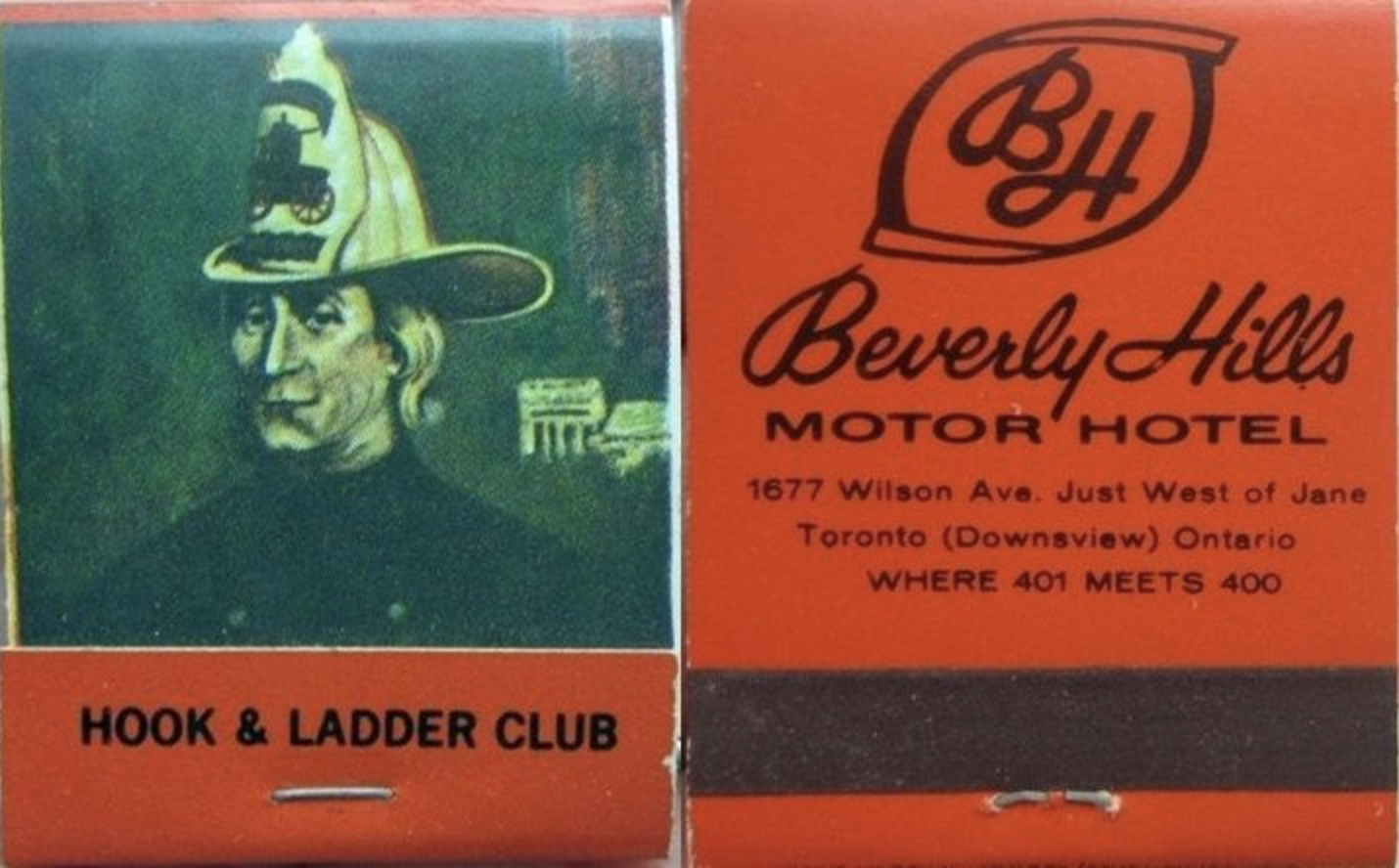 A bright red Hook &amp; Ladder Club matchbook.
