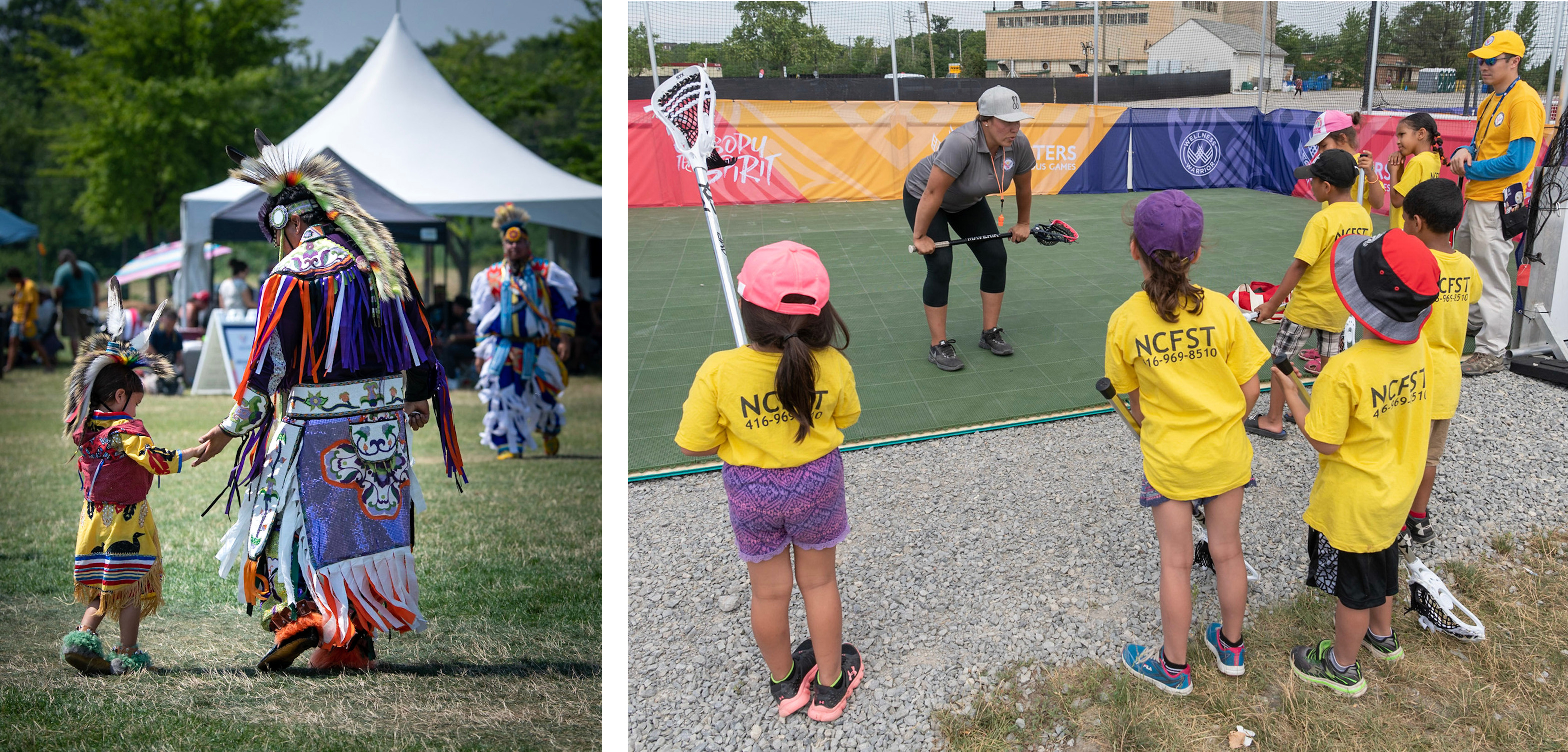 A little girl and a man at the Pow Wow on the left, and children in lacrosse gear on the right.