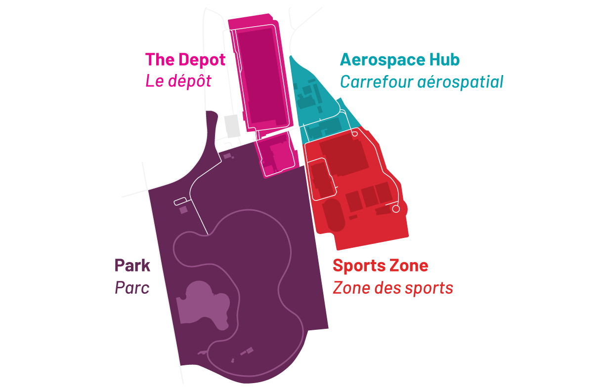 The four regions at the Park: Park, Depot, Aerospace Hub, Sports Zone.