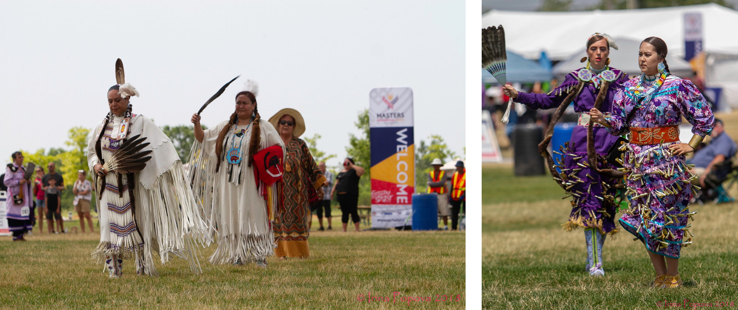 Indigenous dancers in regalia on the left, Indigenous dancers in jingle dresses on the right.