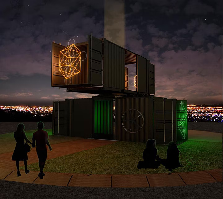 Symbols being projected onto stacked shipping containers.