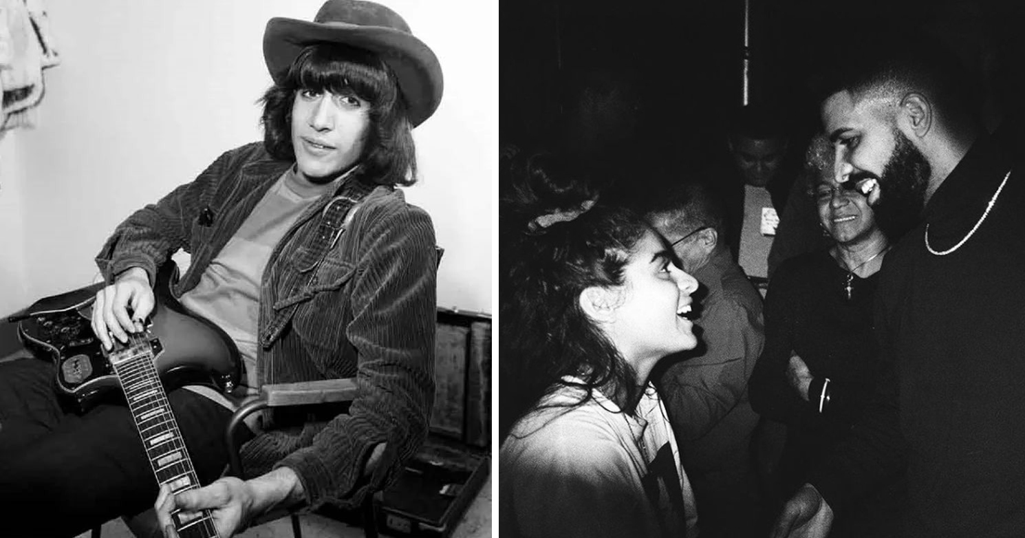 A photo of Zal Yanovsky holding a guitar on the left, and Jessie Reyez looking up at Drake on the right.