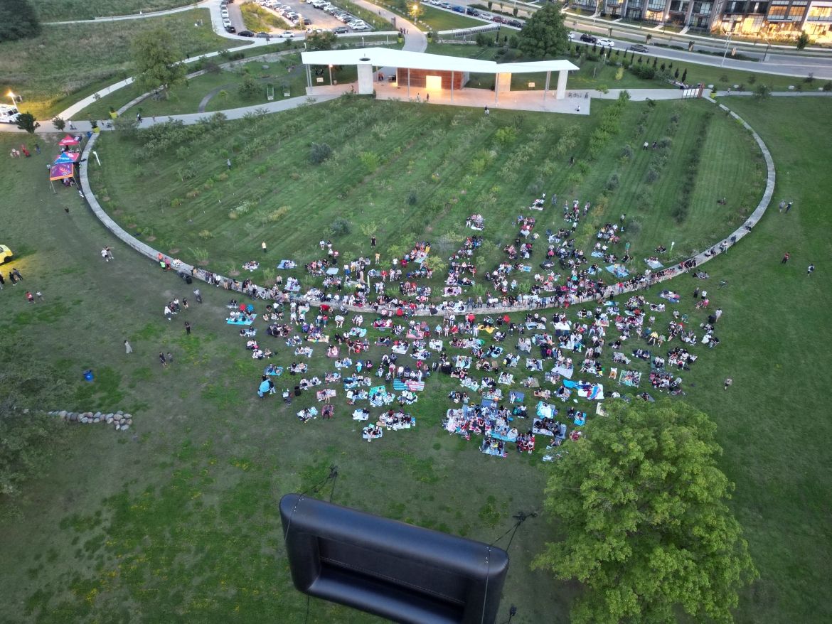 Arial view of crowd watching movie