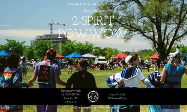 A picture of an Indigenous 2-spirit Powwow with community members enjoying the event.
