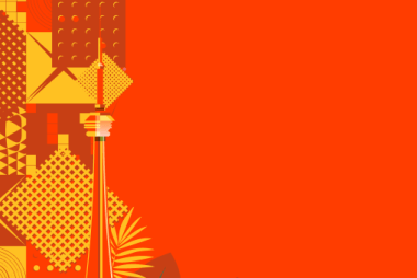 A red and yellow graphic illustration of the CN Tower.