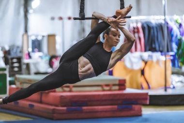 A woman practicing acrobatics at the Toronto Circus Arts facility. 