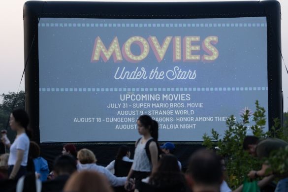 people sitting on chairs outdoors watching a movie