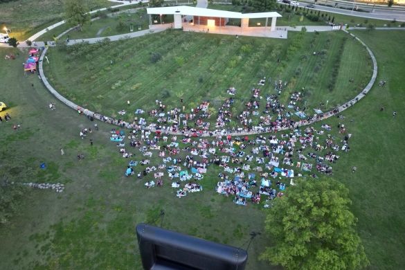 Arial view of crowd watching movie